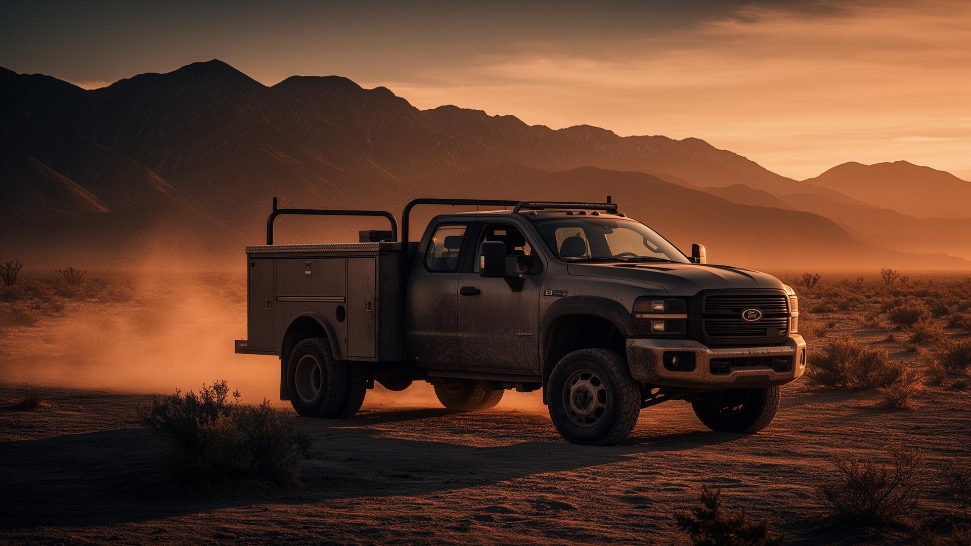 Mobile service truck in the California desert at sunset