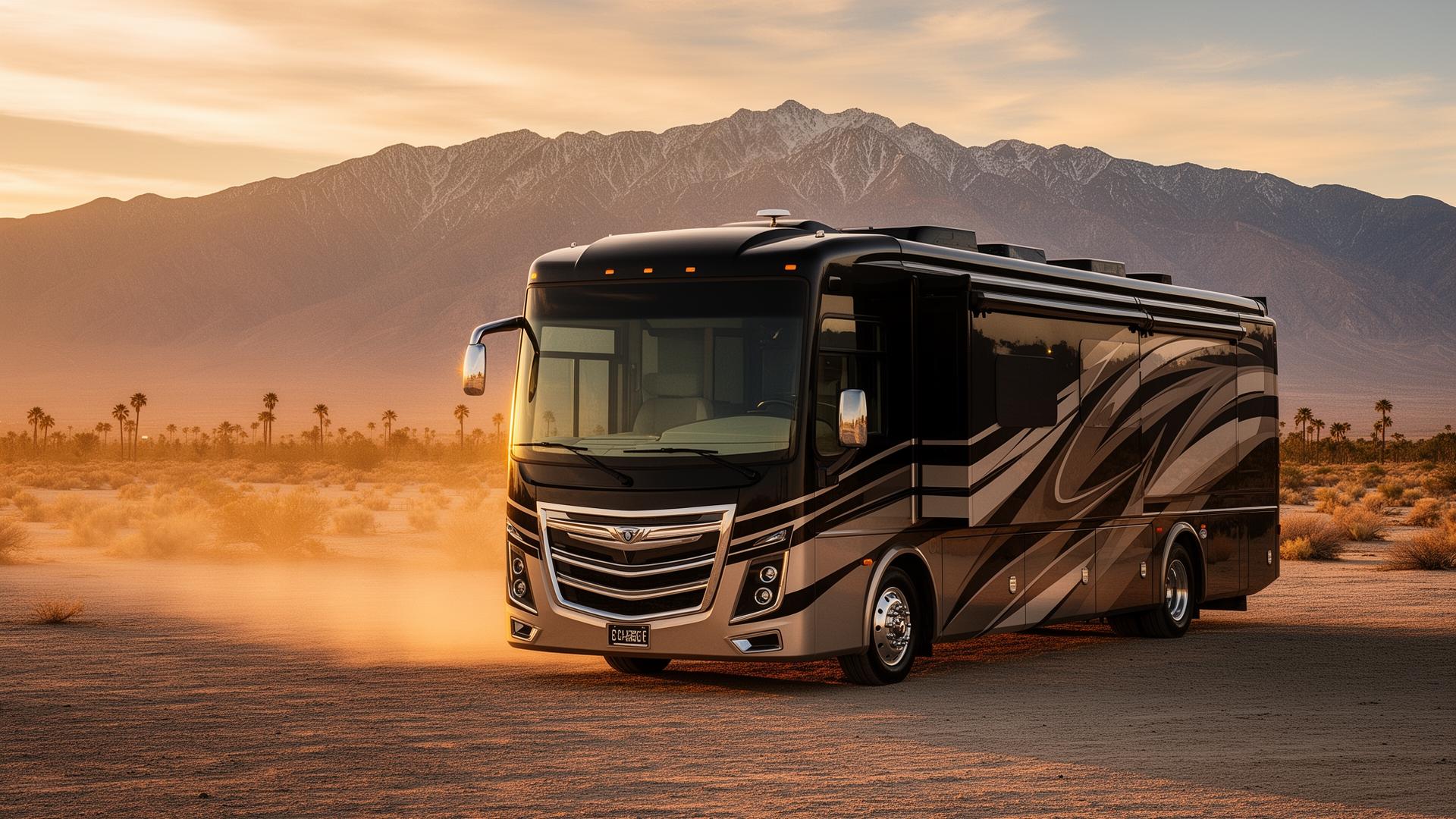 Luxury RV in desert at sunset